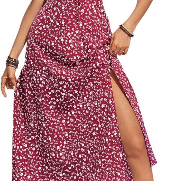 Dresses & Skirts - Women's Floral Print Cami Dress Polyester Midi Ruched Bust Slit Boho